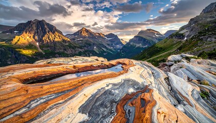 Dramatic mountain range scenery. Colorful layered rock in foreground reflects sunset hues. Cloudy skies add dimension and depth to the outdoor landscape