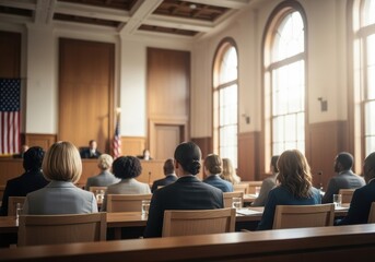 Obraz premium People observe a legal proceeding in a courtroom with large windows and an american flag, representing the judicial system and justice.