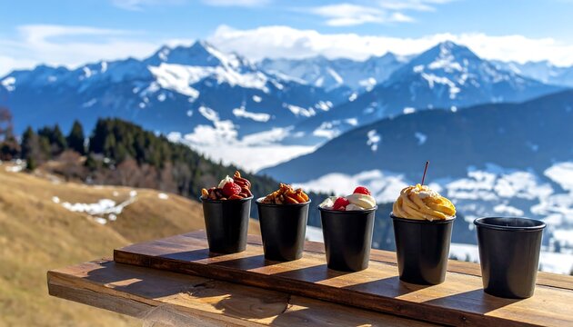 Four black cups filled with colorful desserts sit on a wooden surface, showcasing snow-capped mountain peaks
