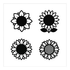 Four stylized black and white sunflower graphics set simple floral elements decorative natural beauty line art silhouette