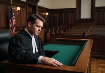 Man judge in black robe with white jabot sits at desk looking down in a courtroom. Justice system concept for legal and law related presentations.