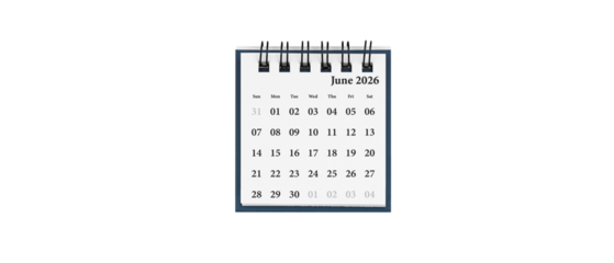 Desktop calendar for June 2026 in white colour. Mini planner for business and finance, spiral view on isolated white background close up.