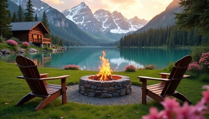 Cozy stone fire pit with burning flame, two Adirondack chairs by tranquil lake. Rustic log cabin, green trees, snow mountains surround clear water at sunset. Perfect spot to relax, enjoy peaceful