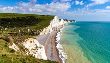 Scenic aerial view of dramatic white cliffs meeting the turquoise sea under a cloudy sky, featuring rolling green hills