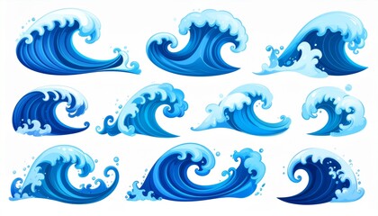 Obraz premium Collection of stylized blue ocean waves in various shapes and sizes, isolated on a white background.