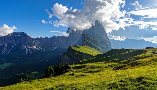 Scenic mountain range featuring lush green slopes under a vibrant blue sky, with fluffy clouds adding depth and dimension