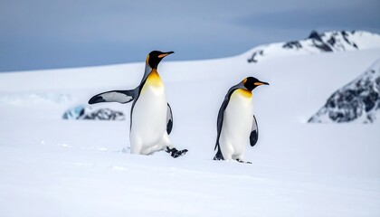 Fototapeta premium Two King penguins in an Antarctic environment with snow and mountains as the backdrop, one with a flipper raised