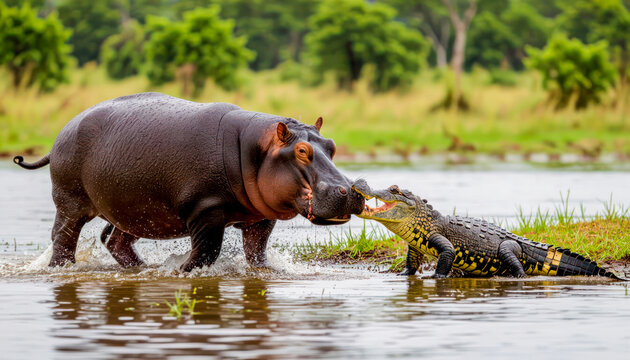 Hippo and crocodile encounter near a river in the wild