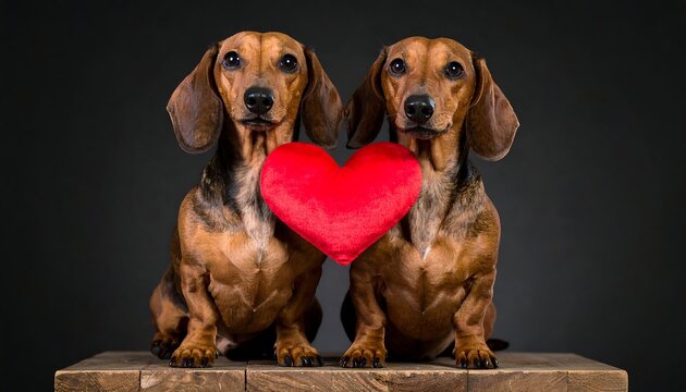 Two brown dachshunds pose with a red heart on a wooden block against a dark grey backdrop, conveying love. Their fur is smooth and eyes are engaging