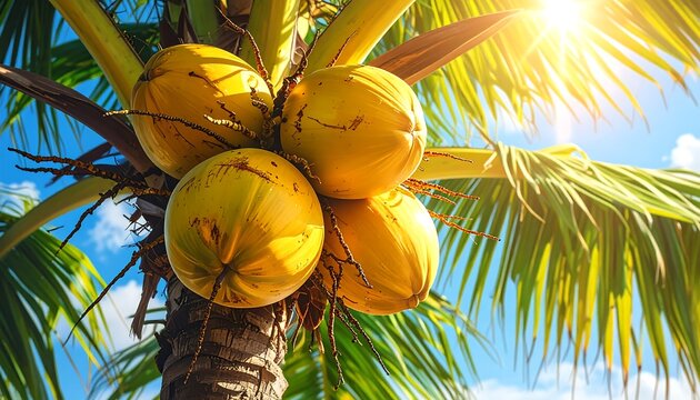 Vibrant close-up of a cluster of ripe, yellow coconuts hanging from a palm tree, bathed in bright sunlight. Clear blue sky background