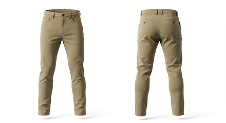 Front and back view of khaki-colored men's pants isolated on white background.
