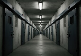 Obraz premium Long, dimly lit prison hallway with numerous cell doors on both sides stretching into the distance. Concept of incarceration and solitude for legal themes.