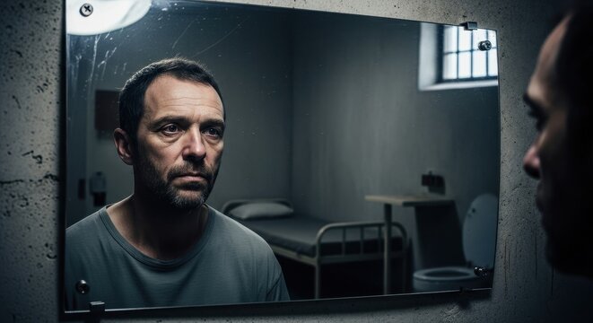 Mature man looking at himself in a mirror with a reflection of a prison cell. Concept of incarceration, reflection and regret.