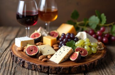 Gourmet cheese platter with fresh red grapes, green grapes, cut figs, almonds. Various cheeses pair with red, white wine. This appetizing food display works for any party, dinner, or celebration.