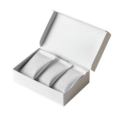 Open white box with three inner pouches