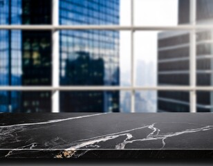 Fototapeta premium empty black marble stone table top and blur glass window wall building banner mock up background can used for display or montage your products