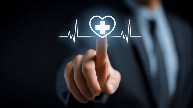 Businessman touching a heart-shaped symbol showing health, with a healthcare wave, dark background, for medical concept