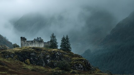 Ancient stone castle on a rugged hill shrouded in dense mist and mountains, a mysterious autumn scene