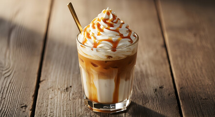 A refreshing iced caramel macchiato topped with whipped cream and a caramel drizzle, served in a clear glass on a rustic wooden table.