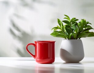 red mug and pitcher with plant on white table