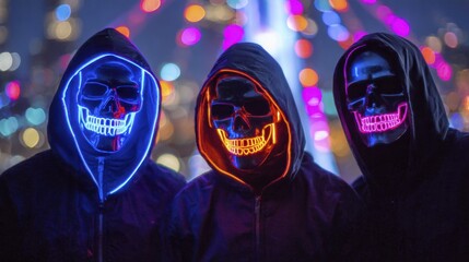 Group wearing Glowing Skull Masks and Hoodies with Bokeh Lights for Halloween