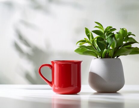 red mug and pitcher with plant on white table