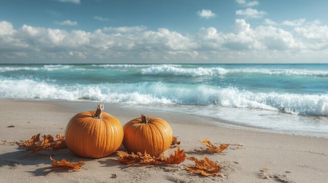 Pumpkins and Fallen Leaves on Sandy Beach near Ocean Waves in Autumn