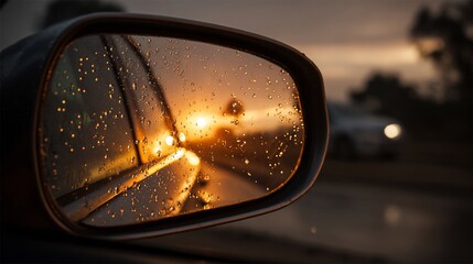 Car mirror reflects sunset on a highway with blurred vehicles in the background, travel concept