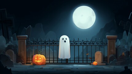 Cartoon ghost floats at gate near cemetery, glowing pumpkin, full moon, Halloween theme