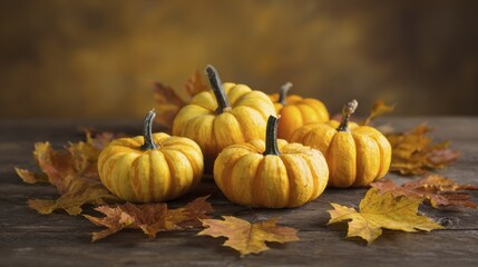 Small striped pumpkins and fallen autumn leaves on rustic wooden table for harvest and holiday decorations