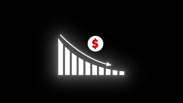Financial business Loss down graph chart. business loss concept. Hi tech style glowing graph animation. Dynamic animated chart with falling arrow and trend line depicting stock market crash.