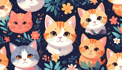 Whimsical illustration featuring adorable cartoon cats and flowers