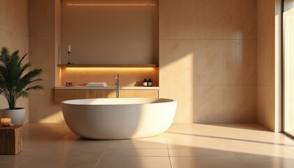 Modern bathroom with almond color tiles. Freestanding bath tub bright. Warm light from window illuminates interior. Wooden decor adds eco style. Minimalist design for spa interior in house. Potted