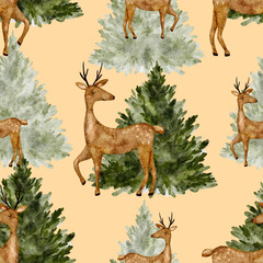Watercolor pattern features deer and evergreen trees on tan background.