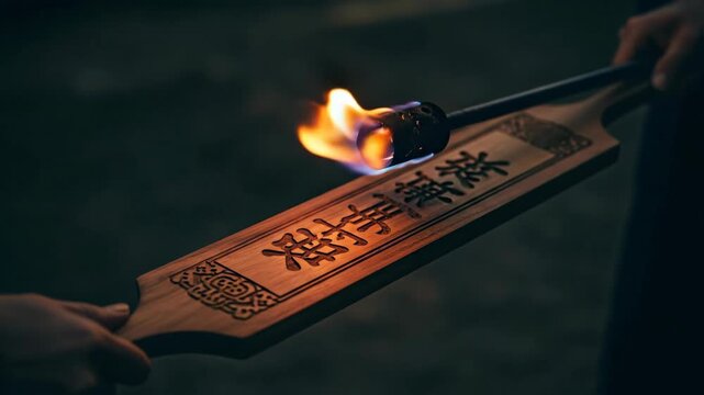 Man using a blowtorch to engrave chinese characters on a wooden paddle, traditional craftsmanship and pyrography footage.