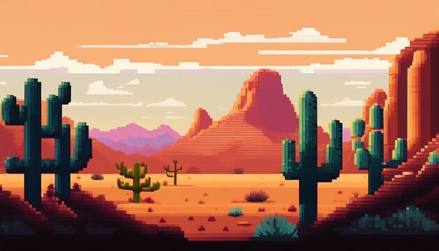 pixel art of a desert landscape with cactus and mountains