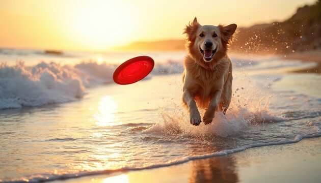 Golden retriever dog runs jumps through ocean waves. Happy pet chases red frisbee in shallow sea water at sunset. Energetic animal plays with toy splashes water. Dog enjoys summer fun leisure