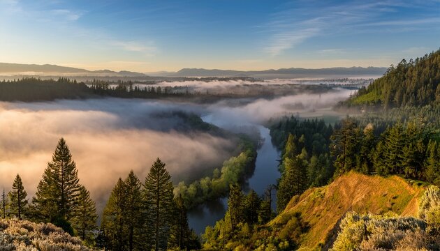 rolling fog along sandy river valley in clackamas county oregon during sunrise