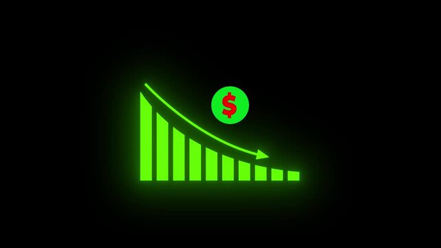Financial business Loss down graph chart. business loss concept. Hi tech style glowing graph animation. Dynamic animated chart with falling arrow and trend line depicting stock market crash.