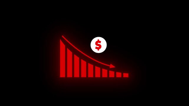 Financial business Loss down graph chart. business loss concept. Hi tech style glowing graph animation. Dynamic animated chart with falling arrow and trend line depicting stock market crash.