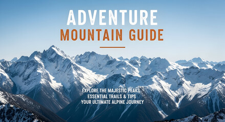 A breathtaking panoramic view of majestic snow-capped mountains under a clear blue sky, with text overlay promoting an adventure mountain guide.