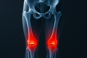 Xray style medical anatomy illustration showing arthritis inflammation in knee joints with highlighted red pain areas