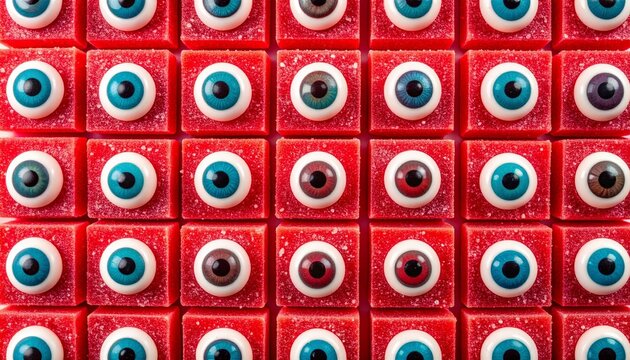 Grid of red sugar-coated square gummies interspersed with eyeball-shaped candies featuring detailed irises