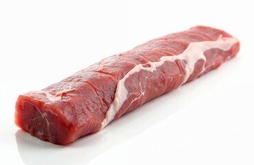 Obraz premium Fresh raw pork loin fillet ready for cooking. Boneless meat piece with white fat stripe lies on clean white surface. Healthy ingredient for dinner meal.