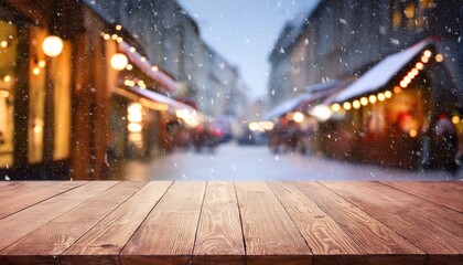 empty wood table top on blur shop on street banner background with snowfall can be used for display or montage your products
