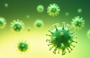 Green corona virus virion illustration on yellow background. Microscopic view of virus cells with spiky surface. Viral infection, pandemic threat concept. Science illustration for medical banner