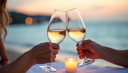 Couple clinks wine glasses by the ocean at sunset. Candle glows, illuminating romantic evening on beach. Peaceful moment of togetherness, love, celebration, and vacation enjoyment.