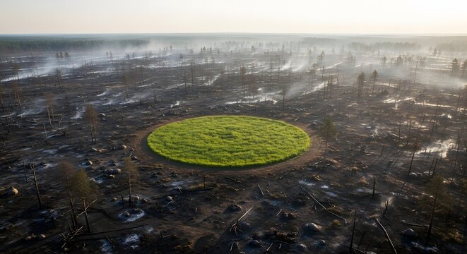Green circle of grass growing in burnt forest after fire, symbol of hope and environmental recovery, to the Day for Preventing the Exploitation of the Environment in War and Armed Conflict