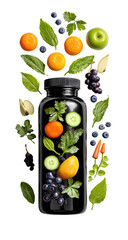 Dark bottle filled with colorful fruits and vegetables, surrounded by leaves