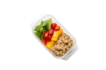 Healthy meal prep container with fresh strawberries, juicy mango, vibrant mint, cucumber and crumbled tofu for balanced nutrition on the go